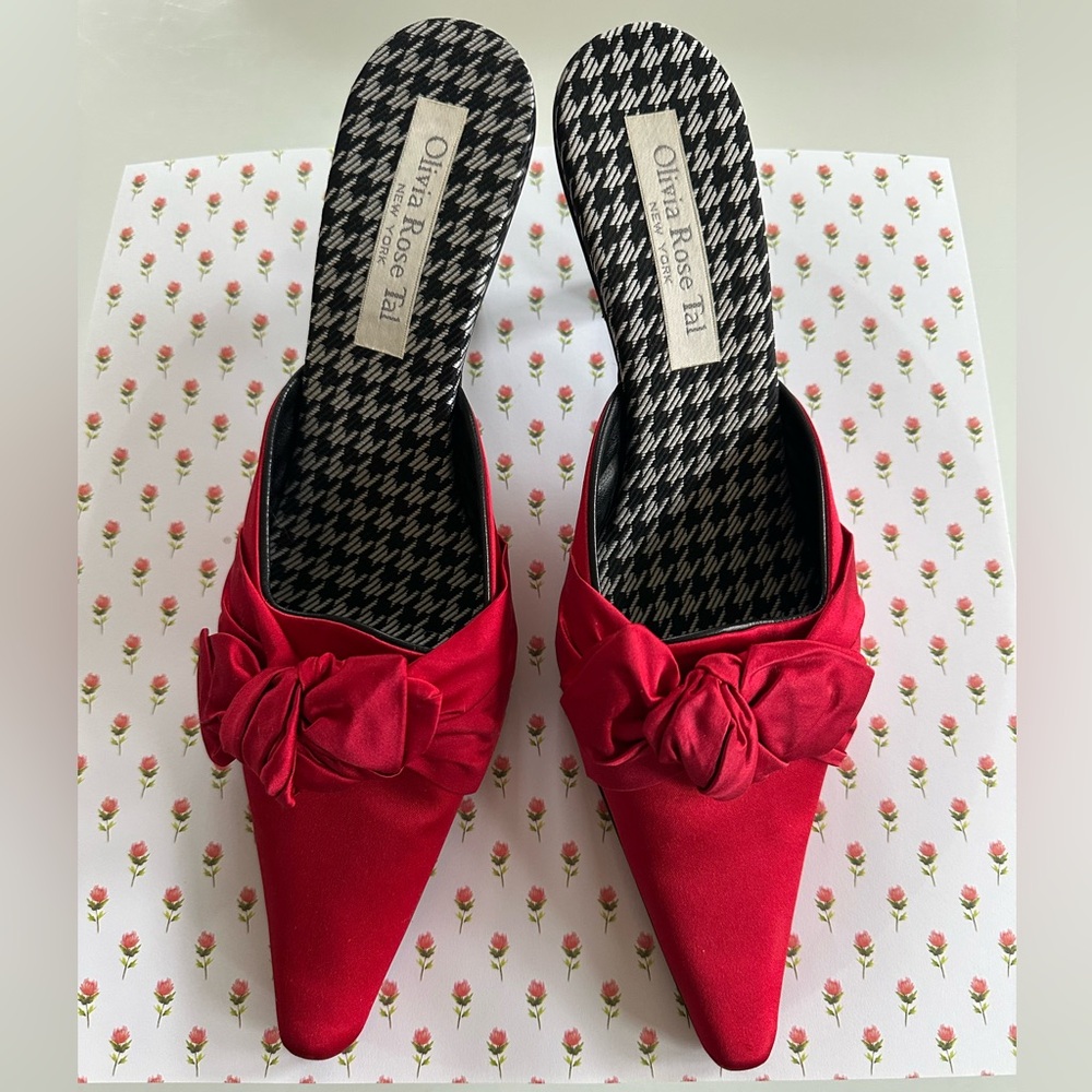 Olivia Rose Tal Red Silk Mules with Bow Detail 9